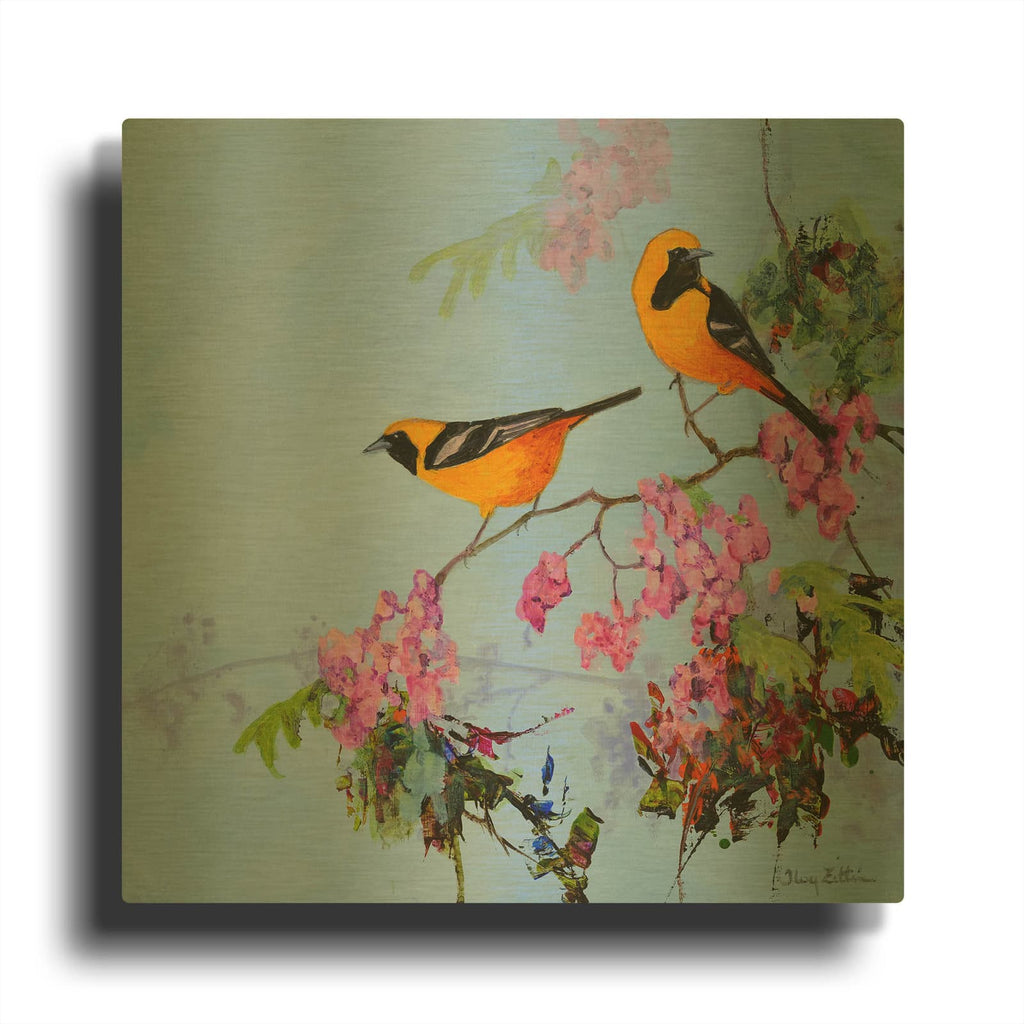 'Hooded Oriole Pair' By Floy Zittin Gold Metal Wall Art