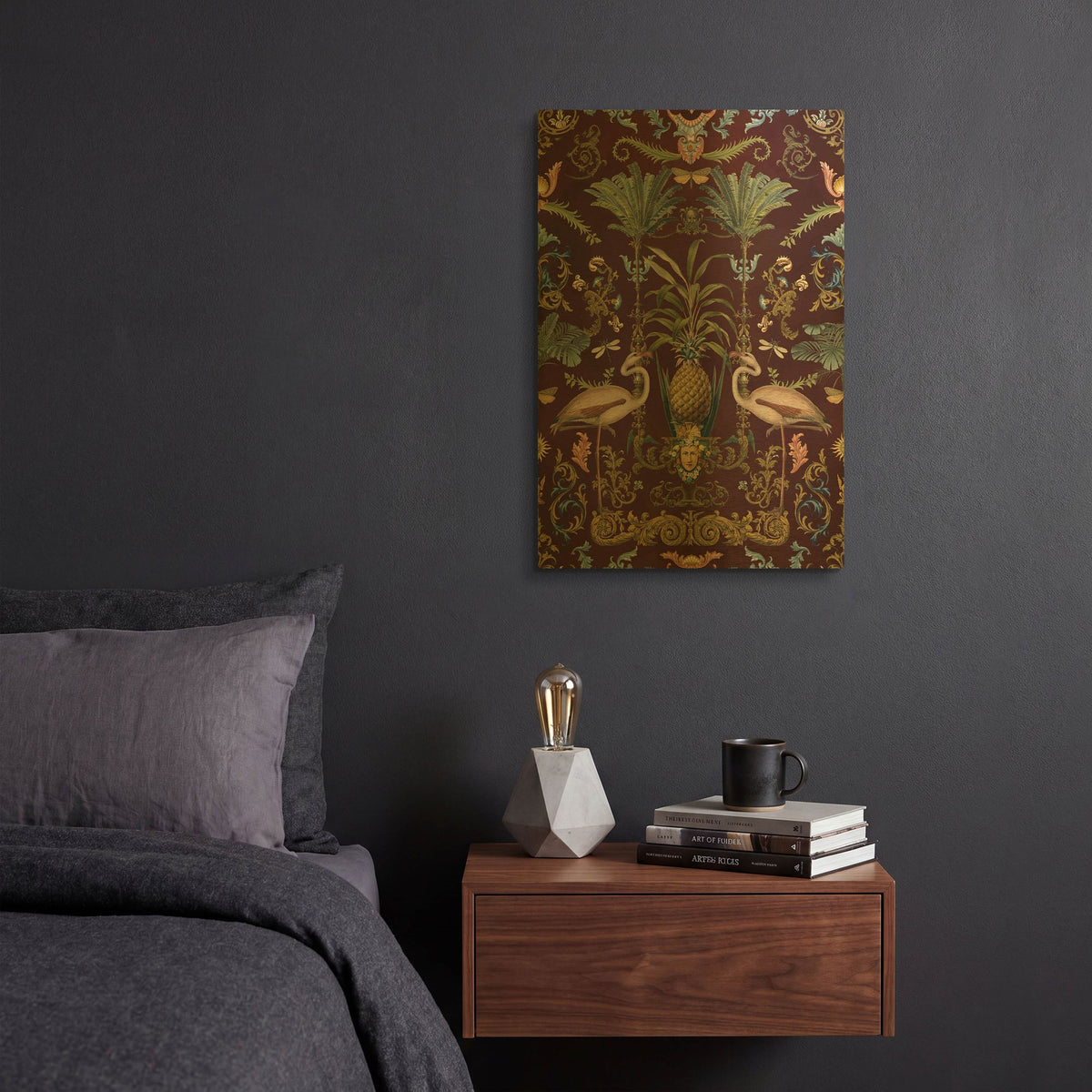 'Vintage Bohemian Elegance Flamingo Burgundy' By Andrea Haase Gold Metal Wall Art