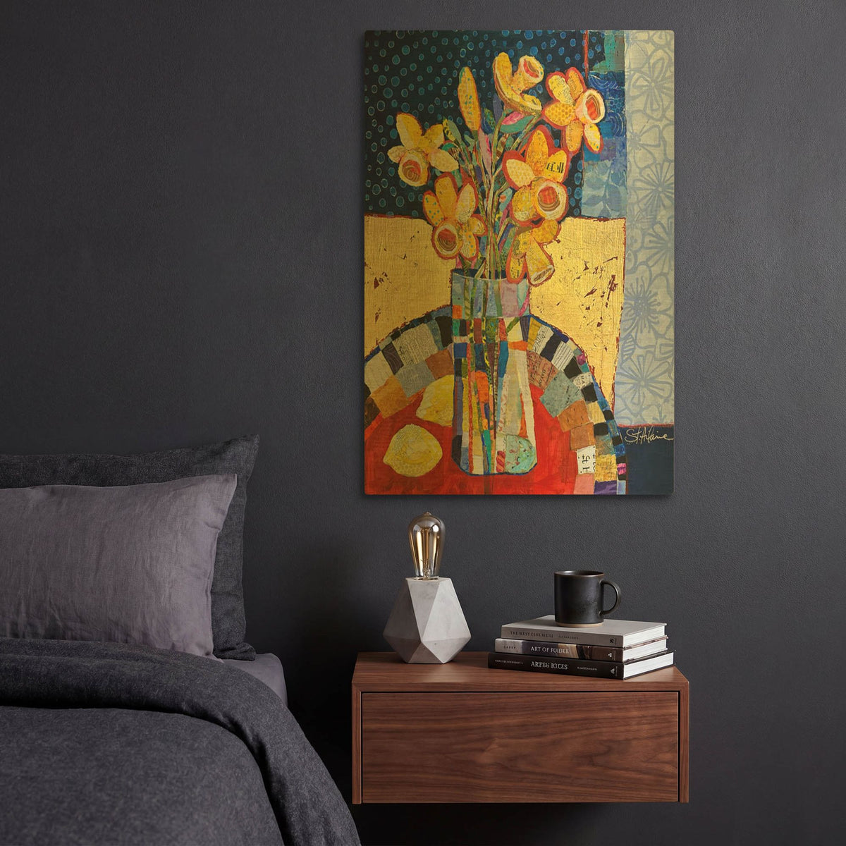 'Daffodils And Dots' By St. Hilaire Elizabeth Gold Metal Wall Art