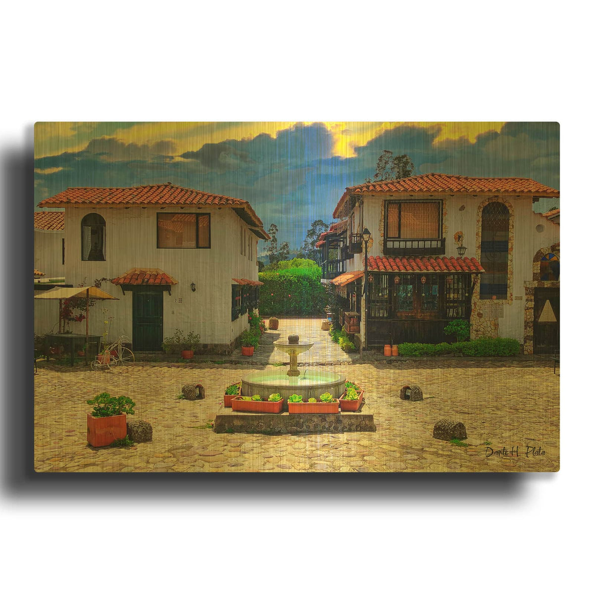 'Red Roof Twins' By Dante Plata Gold Metal Wall Art