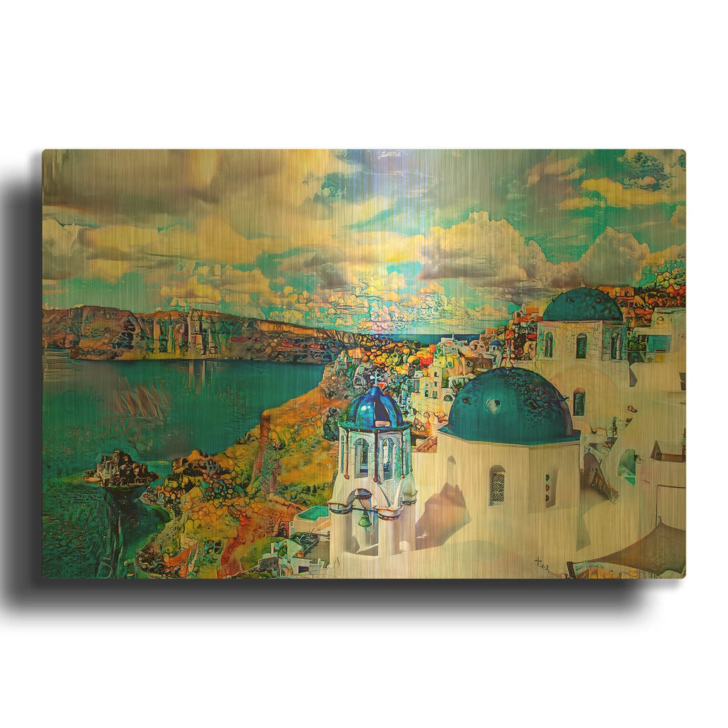 'Blue Domes Of Oia Santorini Greece' By Pedro Gavidia Gold Metal Wall Art