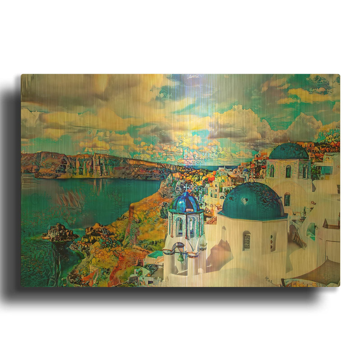'Blue Domes Of Oia Santorini Greece' By Pedro Gavidia Gold Metal Wall Art