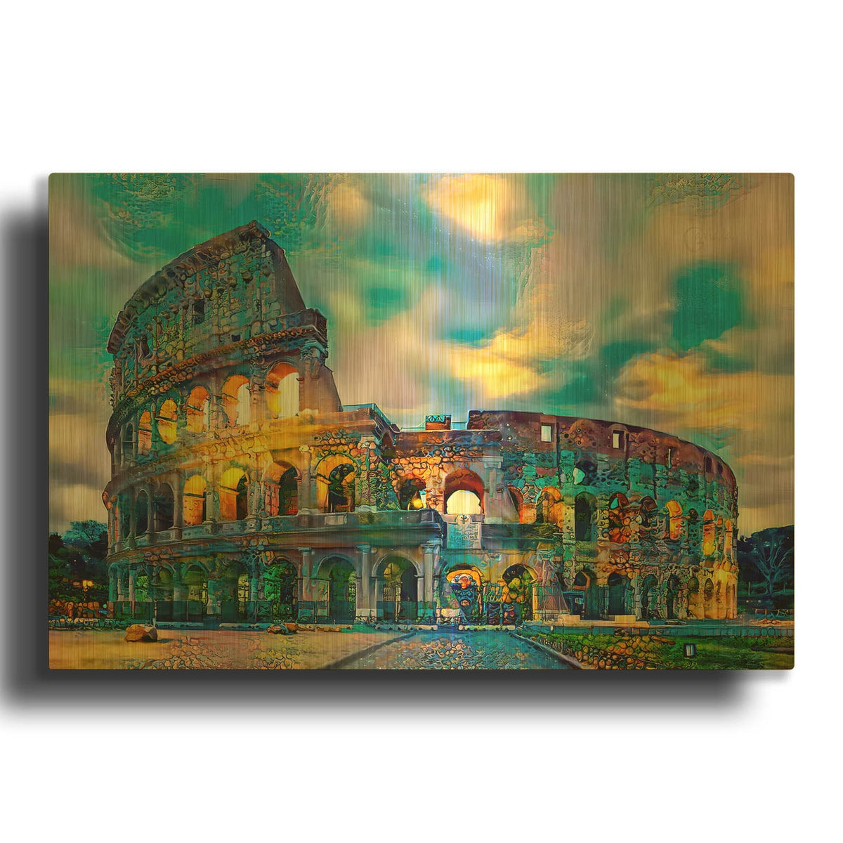 'Italy Rome Colosseum At Sunset' By Pedro Gavidia Gold Metal Wall Art