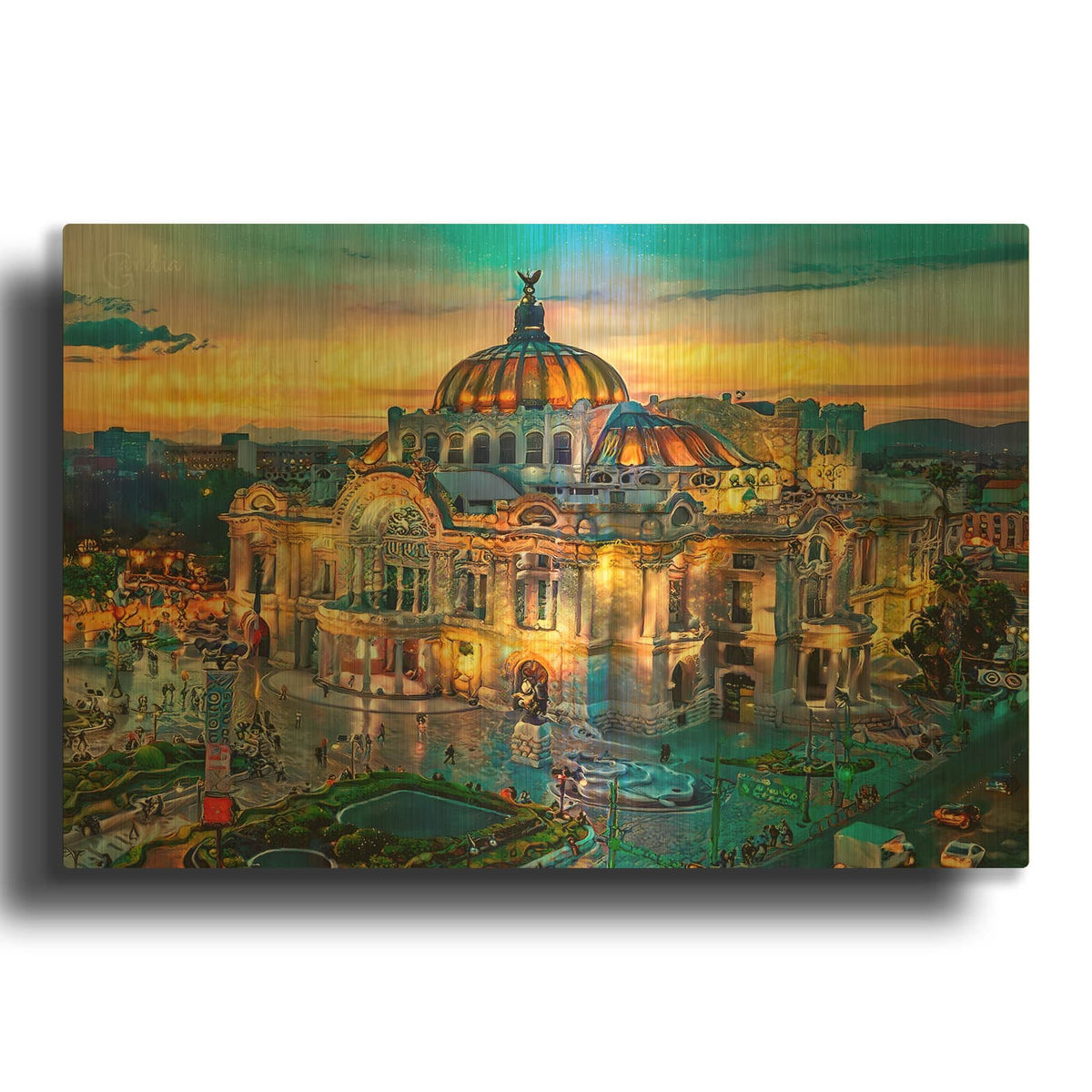 'Mexico City Palacio De Las Bellas Artes At Sunset' By Pedro Gavidia Gold Metal Wall Art