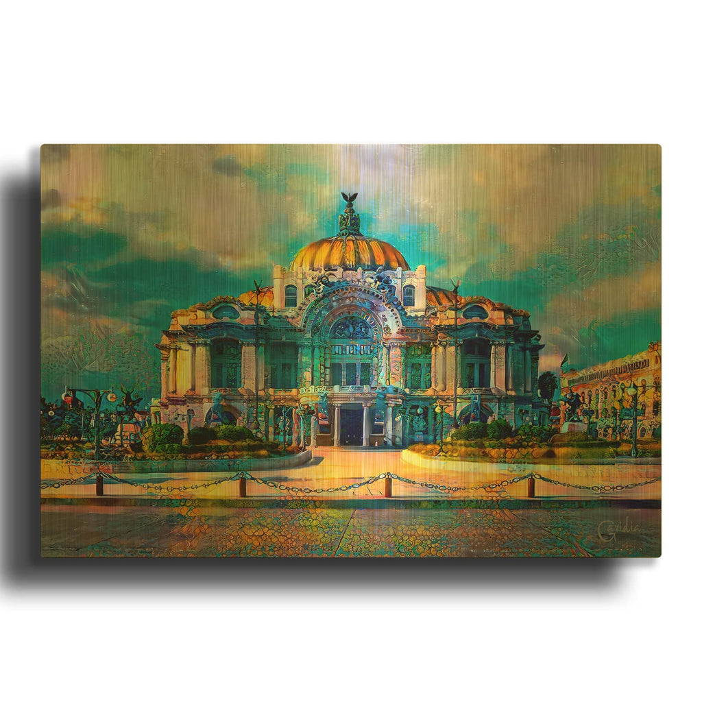 'Mexico City Palacio De Las Bellas Artes Frontal' By Pedro Gavidia Gold Metal Wall Art