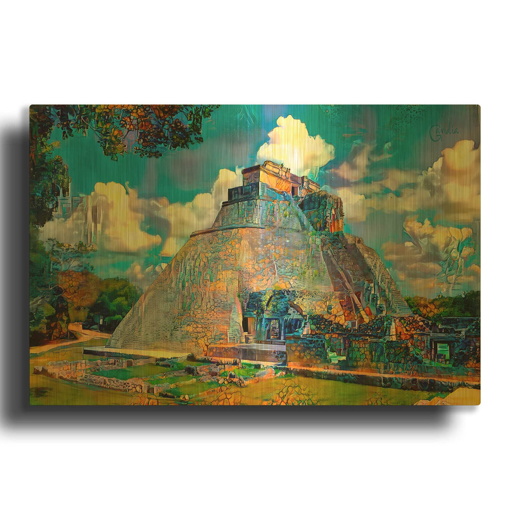 'Mexico Yucatan Uxmal Pyramid Of The Magician' By Pedro Gavidia Gold Metal Wall Art