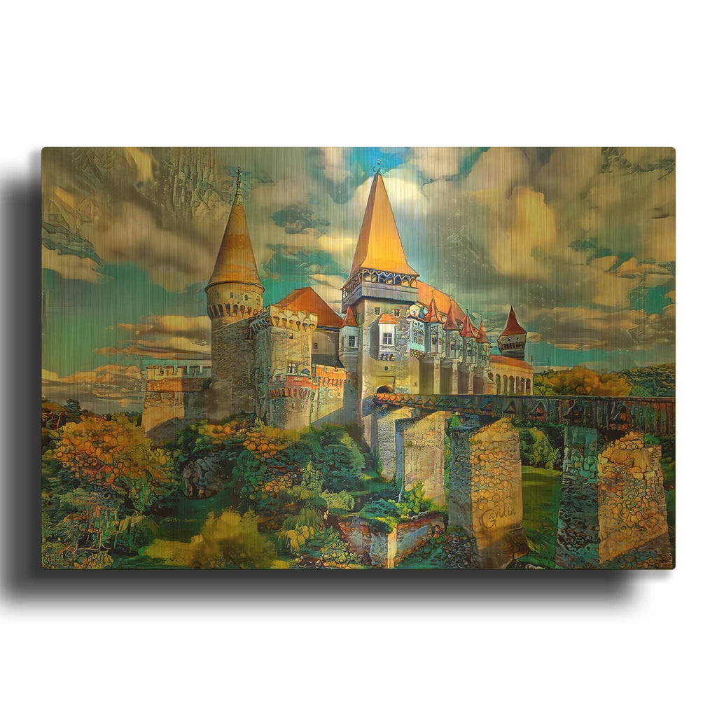 'Romania Hunedoara Hunyadi Corvin Castle' By Pedro Gavidia Gold Metal Wall Art