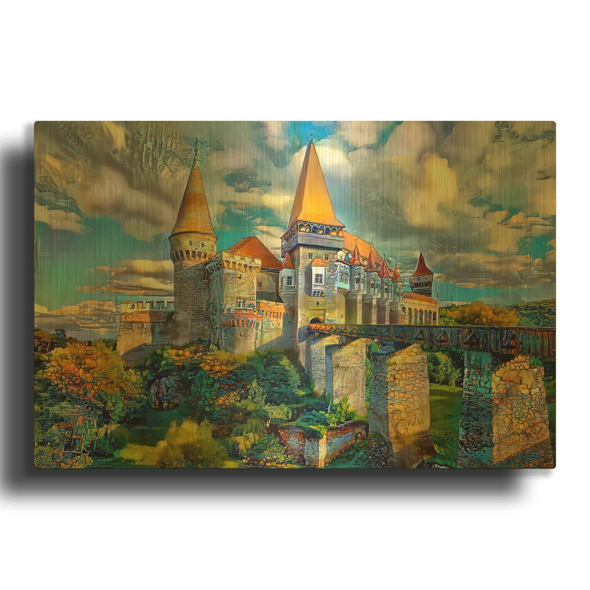 'Romania Hunedoara Hunyadi Corvin Castle' By Pedro Gavidia Gold Metal Wall Art