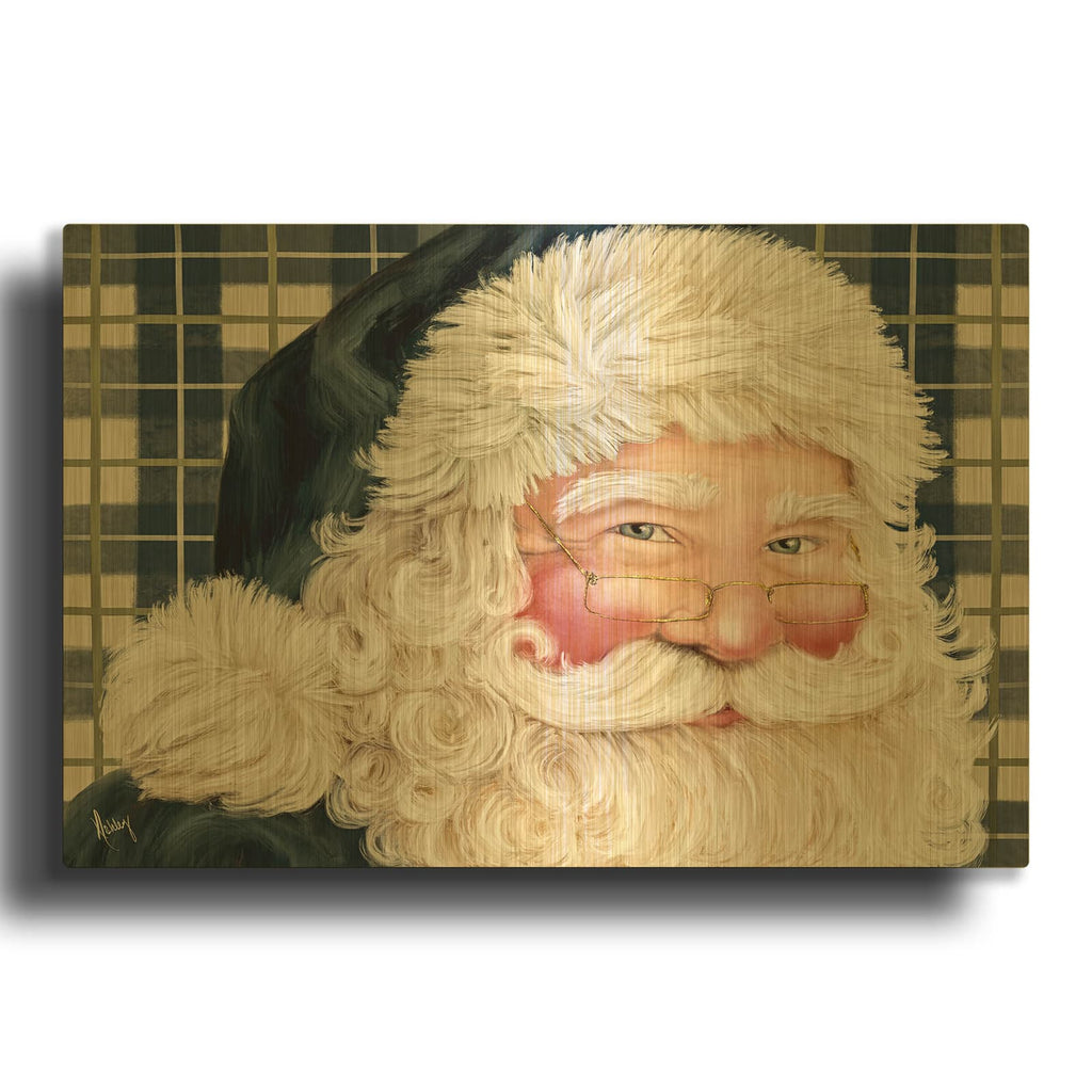 'Navy Plaid Santa' By Ashley Bradley Gold Metal Wall Art