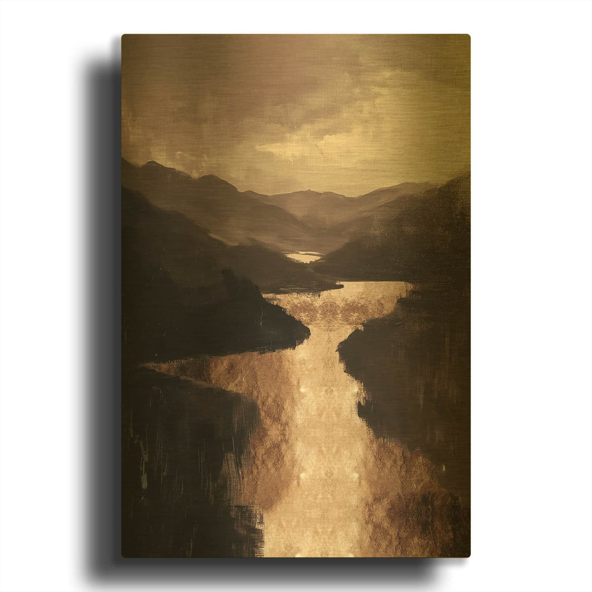 'River Through Peaks' By Svetlana Aleynikova Gold Metal Wall Art