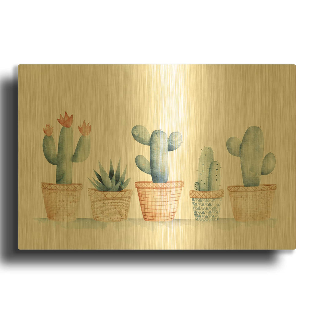 'Watercolor Cactus Pots' By Svetlana Aleynikova Gold Metal Wall Art