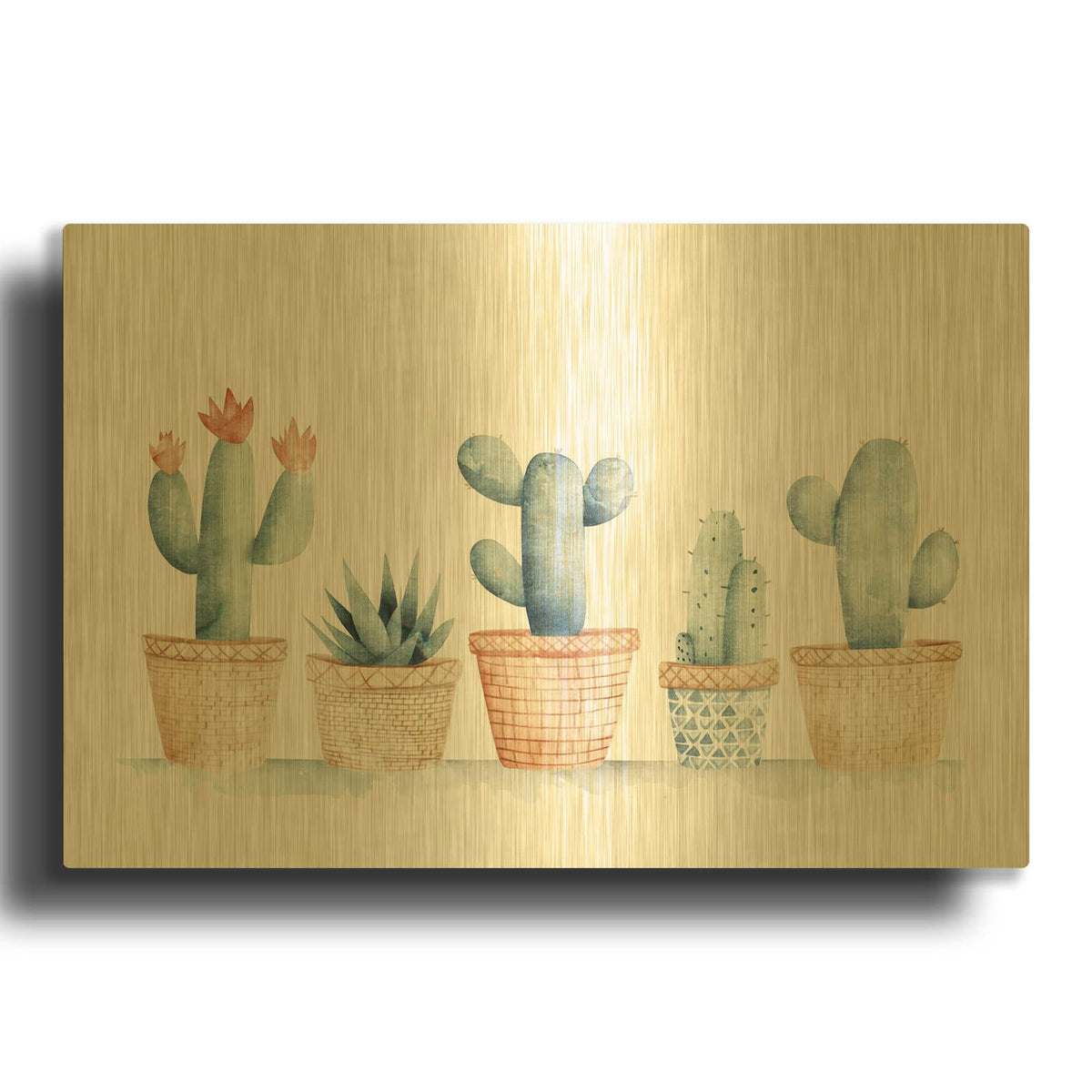 'Watercolor Cactus Pots' By Svetlana Aleynikova Gold Metal Wall Art
