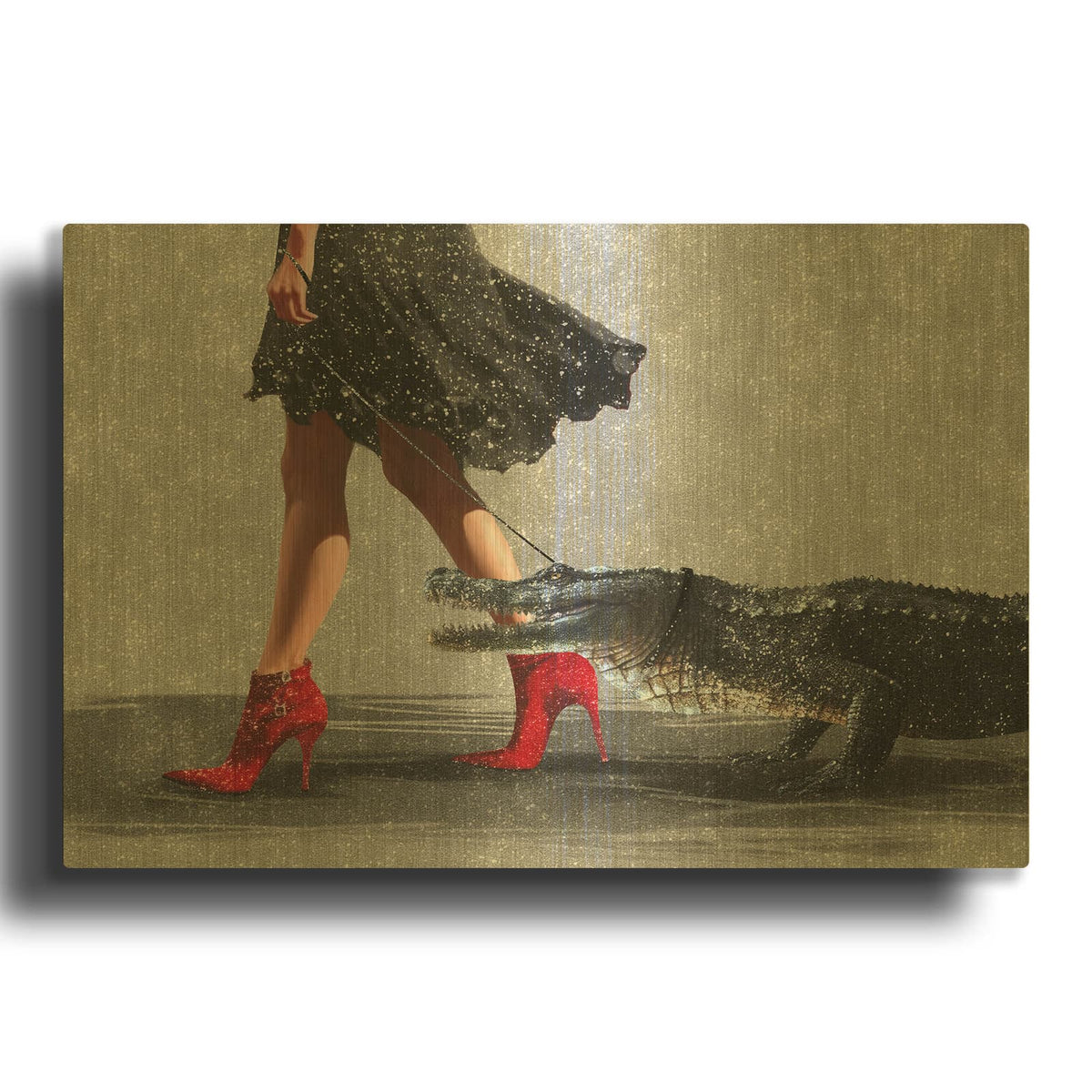 'Woman With Crocodile' By Svetlana Aleynikova Gold Metal Wall Art