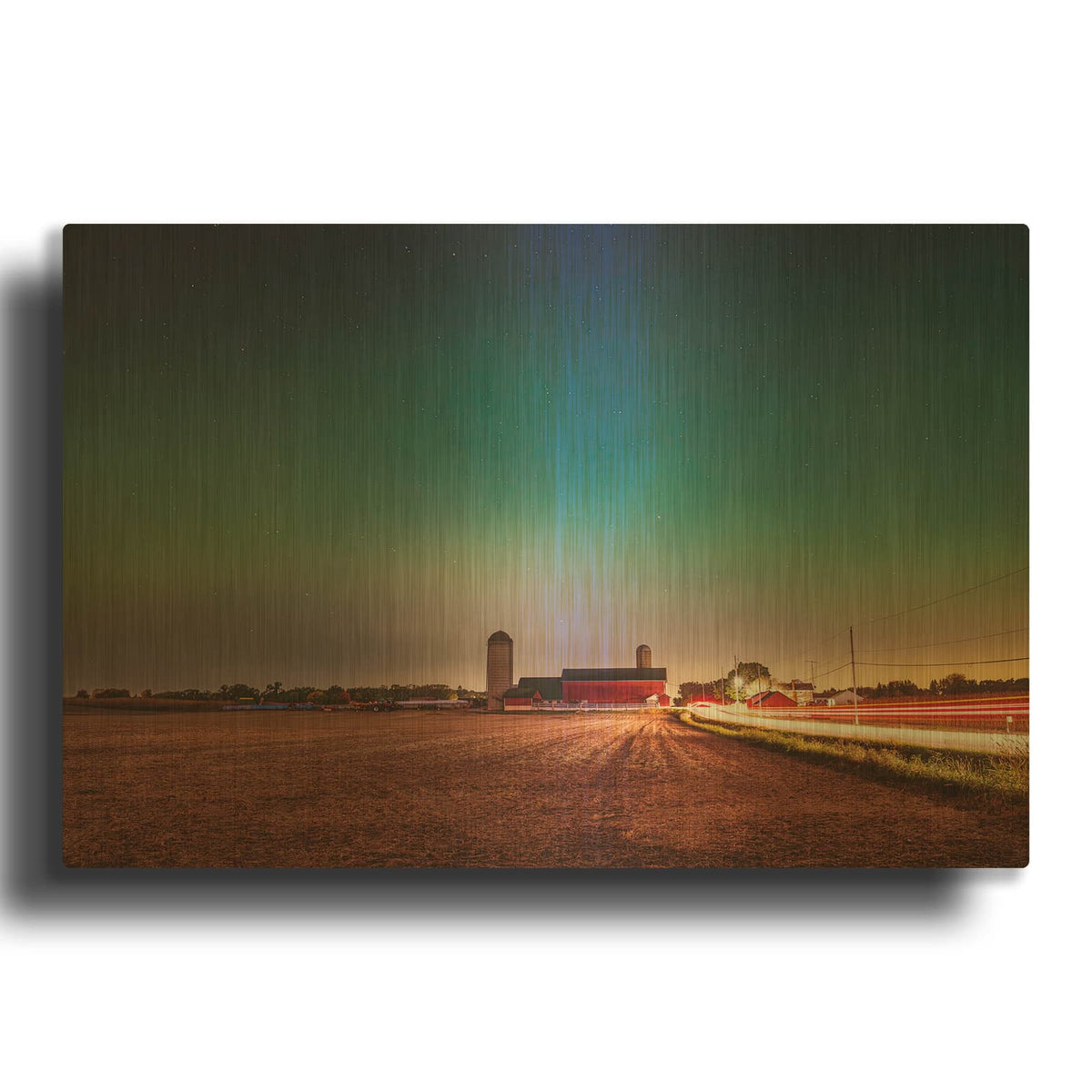 'Red Barn Under Aurora' By Luxe Gold Metal Wall Art