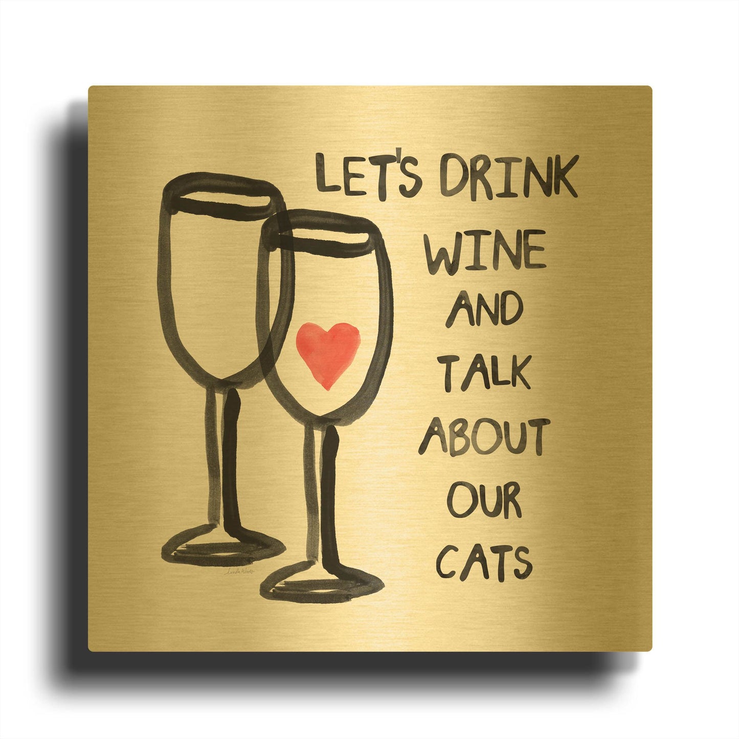 'Wine And Cats' By Linda Woods Gold Metal Wall Art