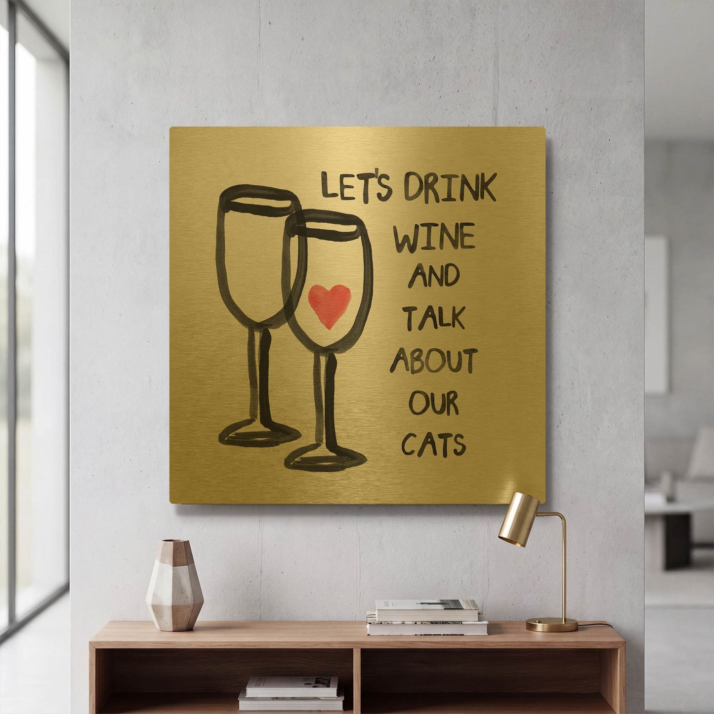 'Wine And Cats' By Linda Woods Gold Metal Wall Art