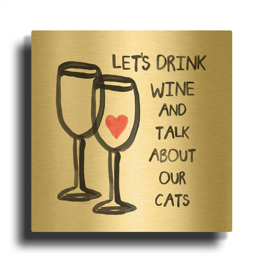 'Wine And Cats' By Linda Woods Gold Metal Wall Art