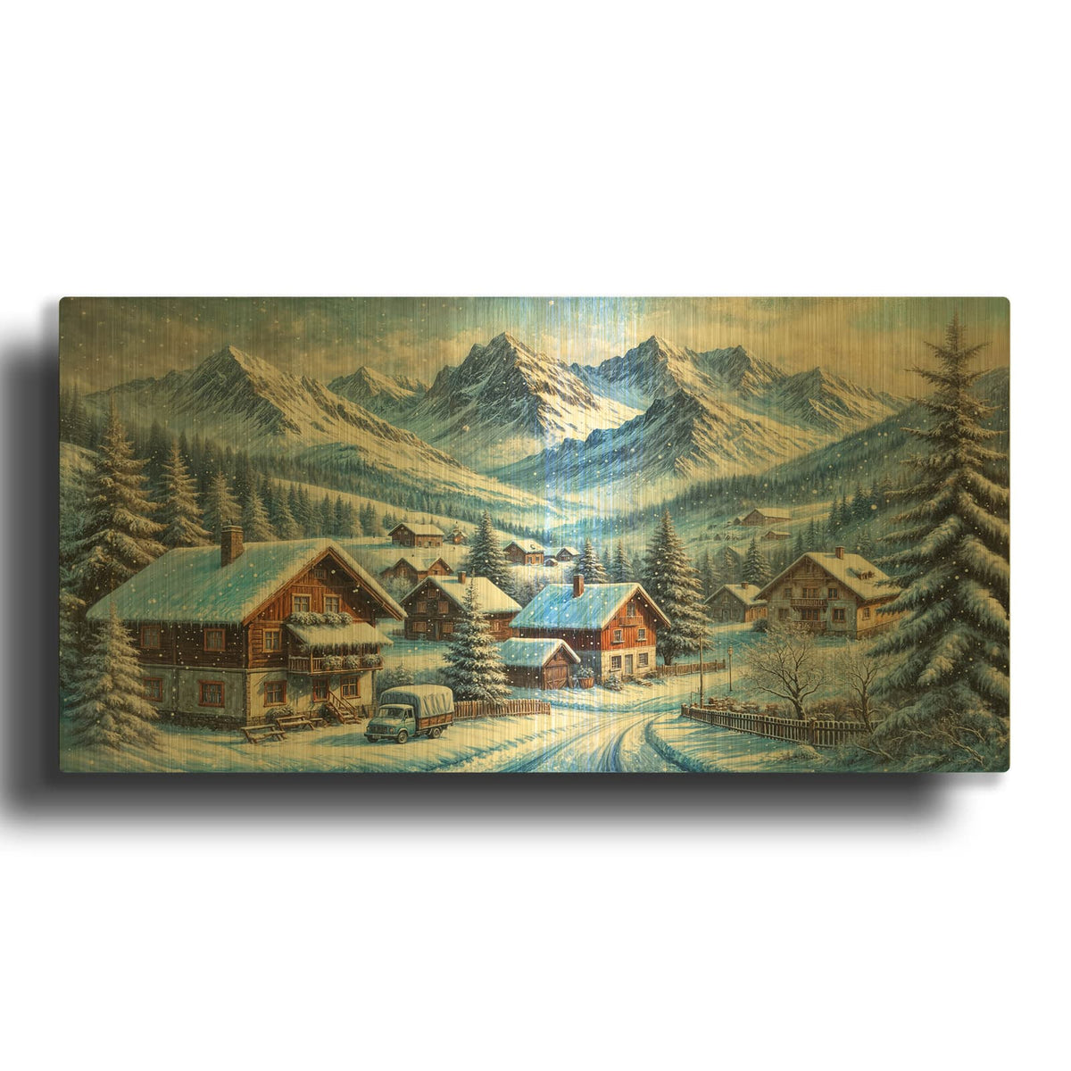 'Alpine Village In Snow Paining' By Rey Klimt Gold Metal Wall Art