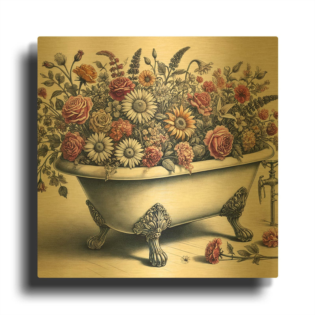 'Bathtub Of Flowers' By Rey Klimt Gold Metal Wall Art