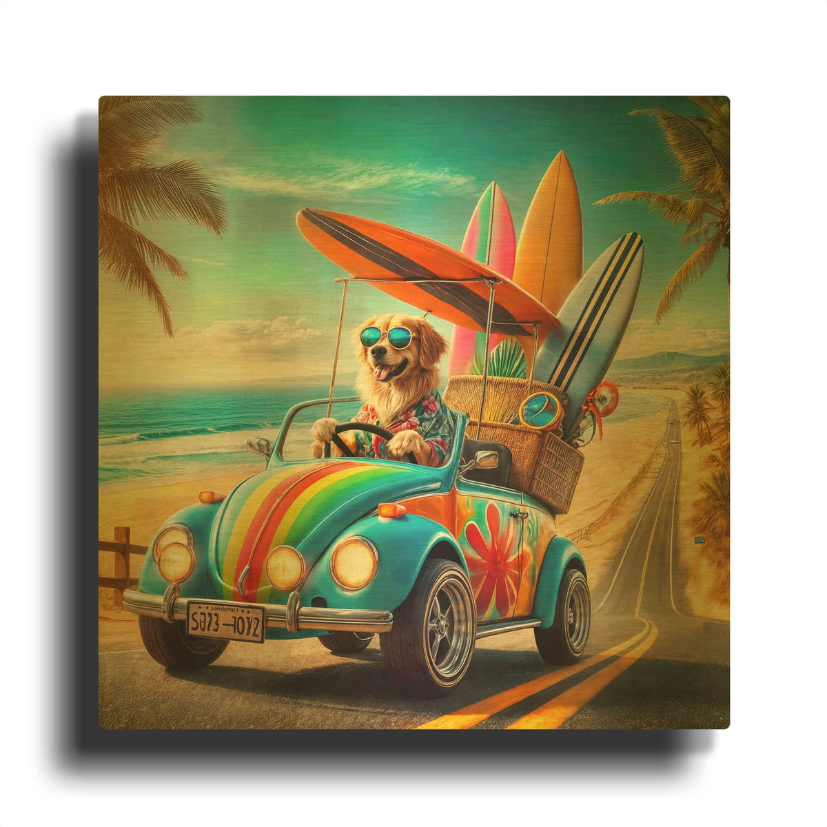 'Beach Dog Surf' By Rey Klimt Gold Metal Wall Art