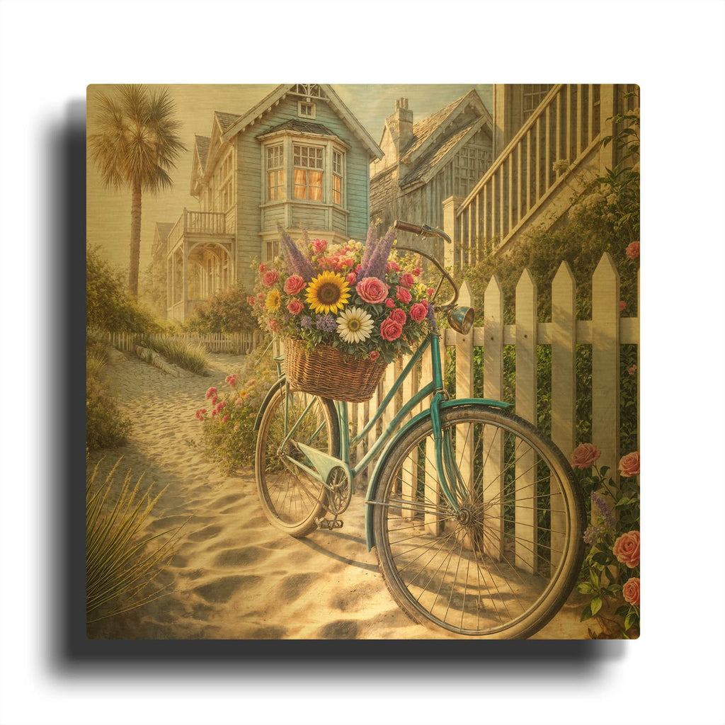 'Beach Town Flower Bike' By Rey Klimt Gold Metal Wall Art