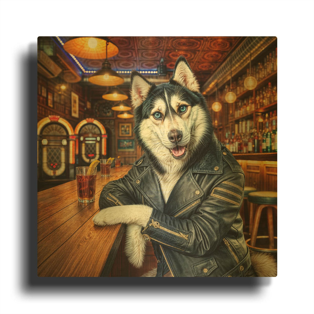 'Biker Bar Husky Dog' By Rey Klimt Gold Metal Wall Art