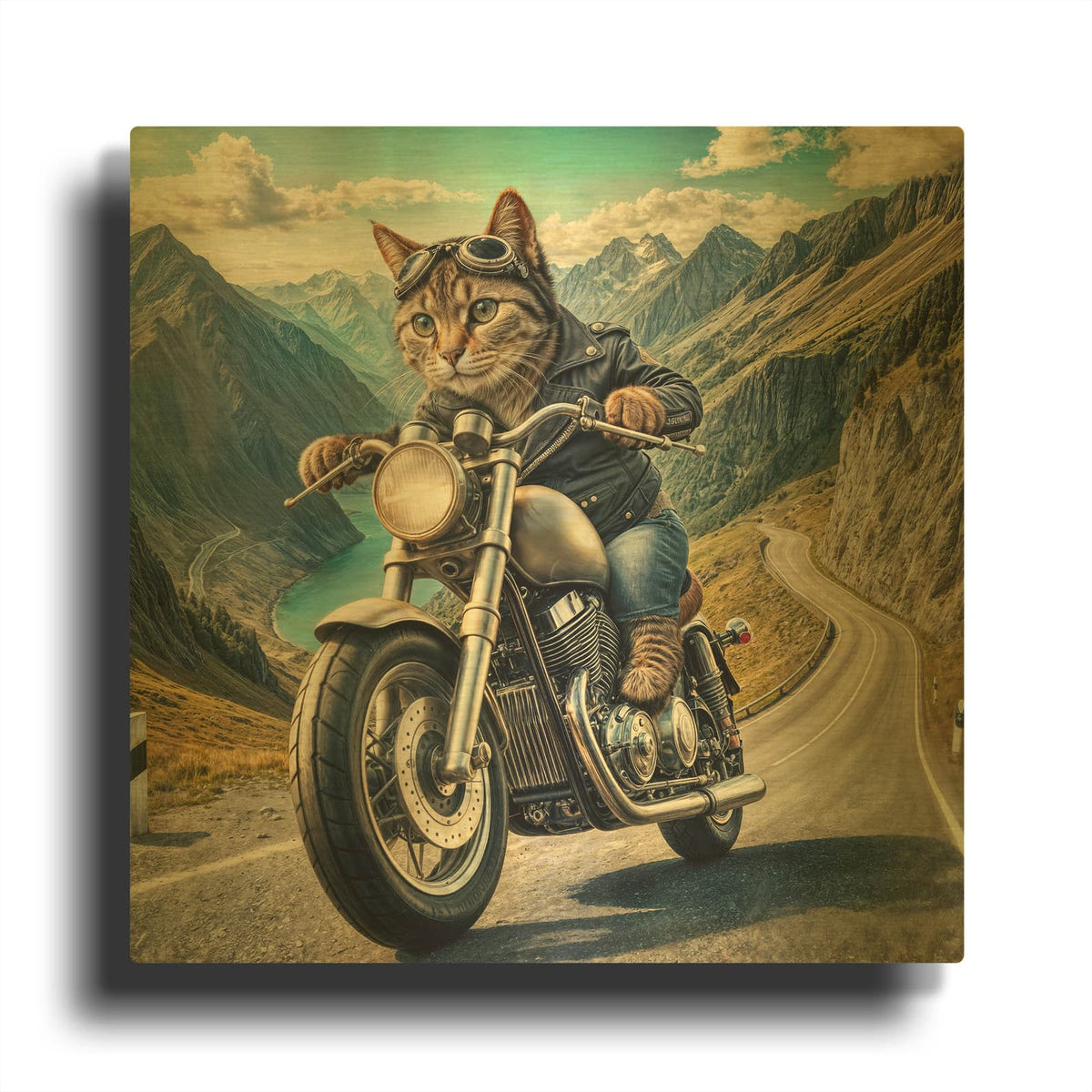 'Biker Cat' By Rey Klimt Gold Metal Wall Art