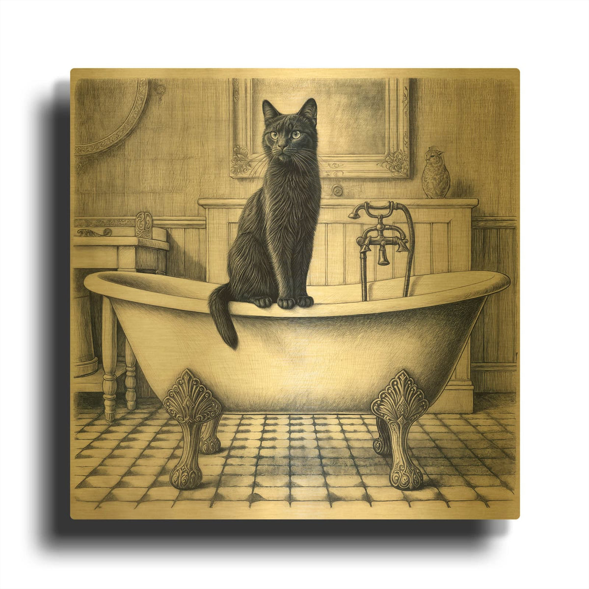 'Black Cat On Bathtub' By Rey Klimt Gold Metal Wall Art