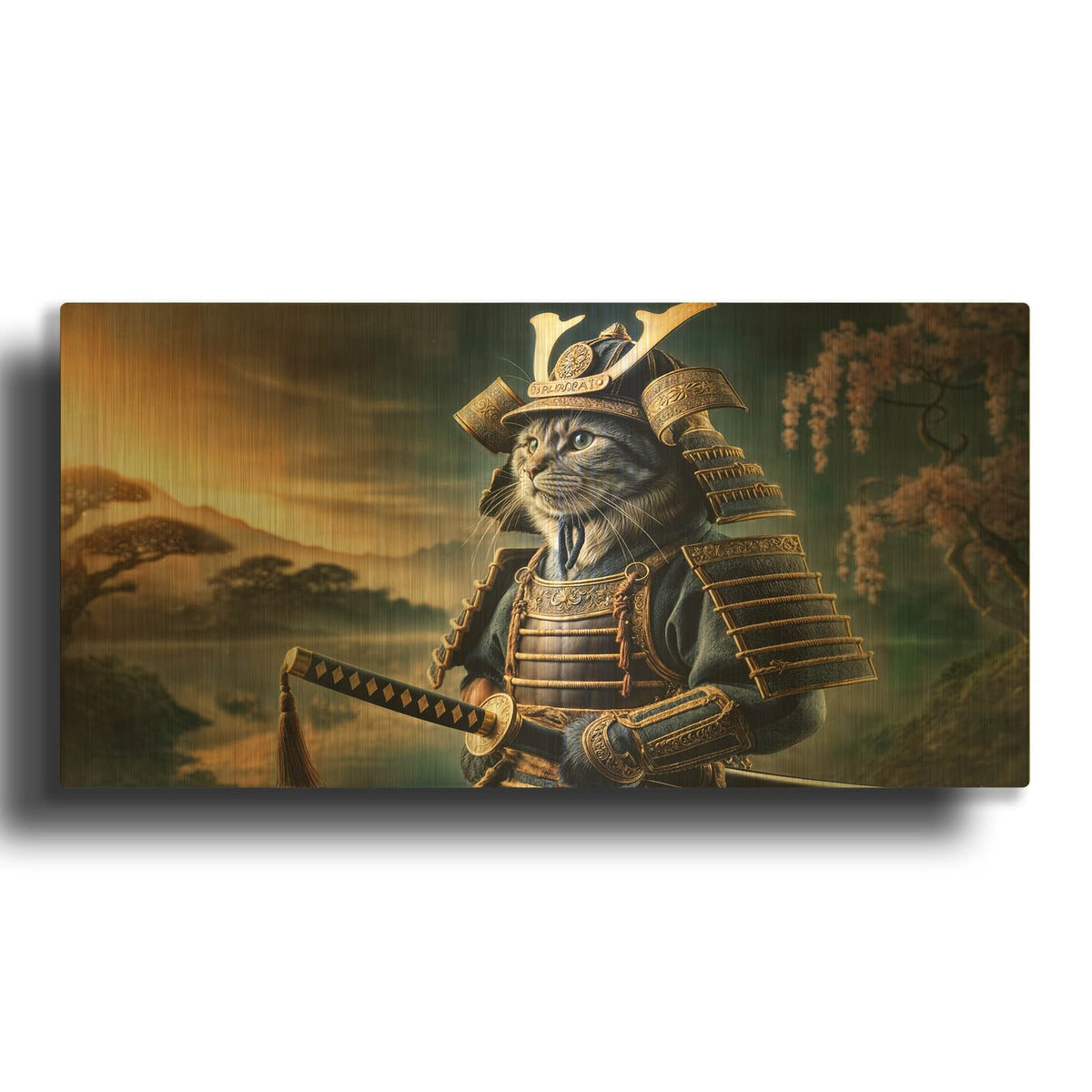 'Cat Samurai' By Rey Klimt Gold Metal Wall Art