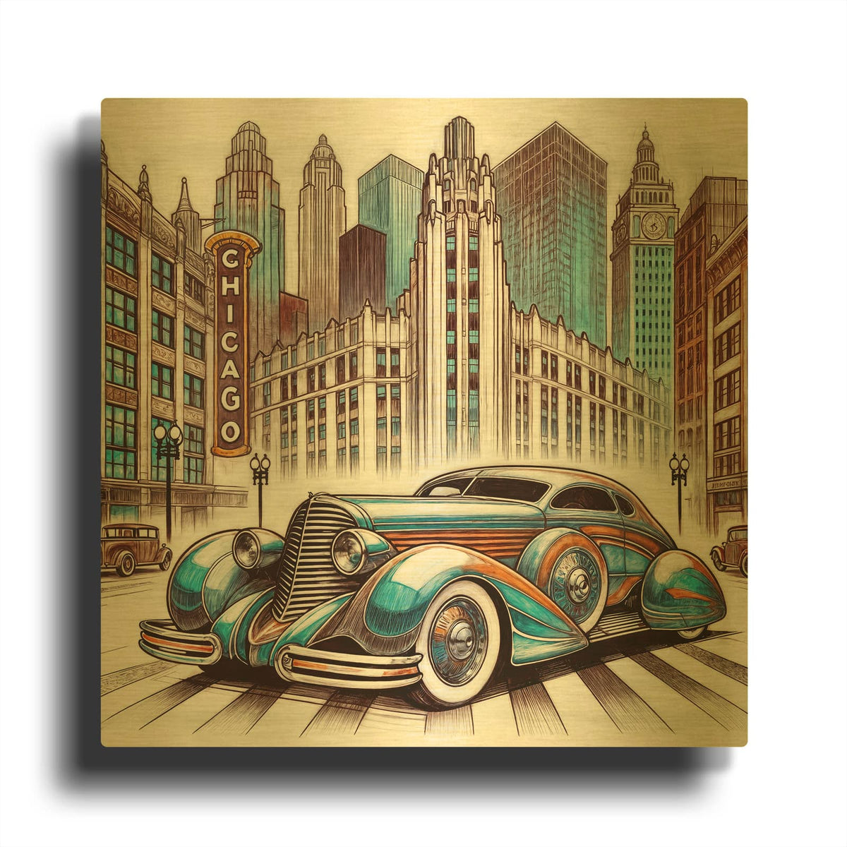 'Chicago Art Deco Car' By Rey Klimt Gold Metal Wall Art