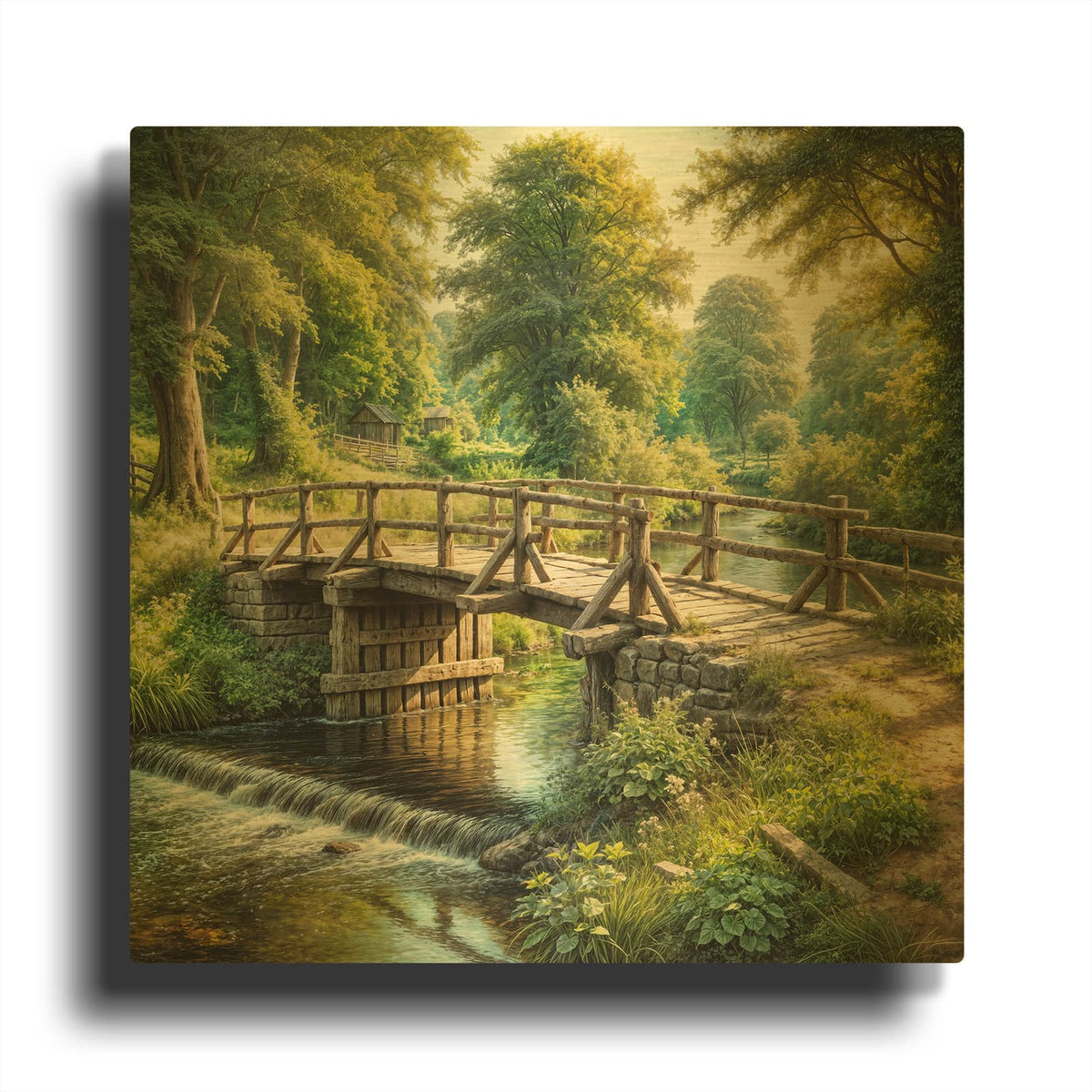 'Countryside Bridge Over Stream' By Rey Klimt Gold Metal Wall Art