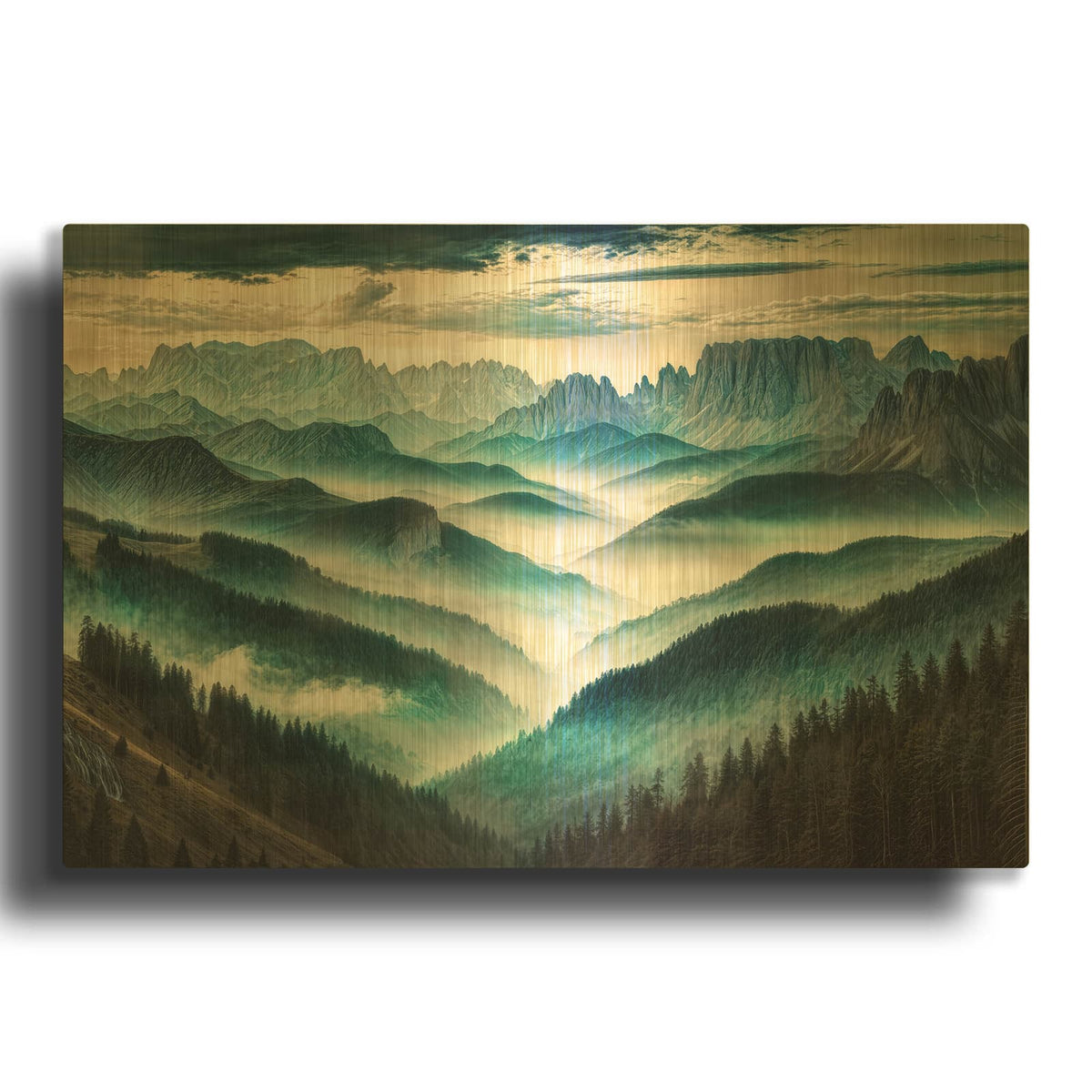 'Foggy Mountains Landscape' By Rey Klimt Gold Metal Wall Art