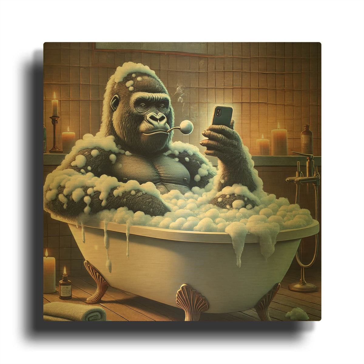 'Gorilla In Bathtub' By Rey Klimt Gold Metal Wall Art