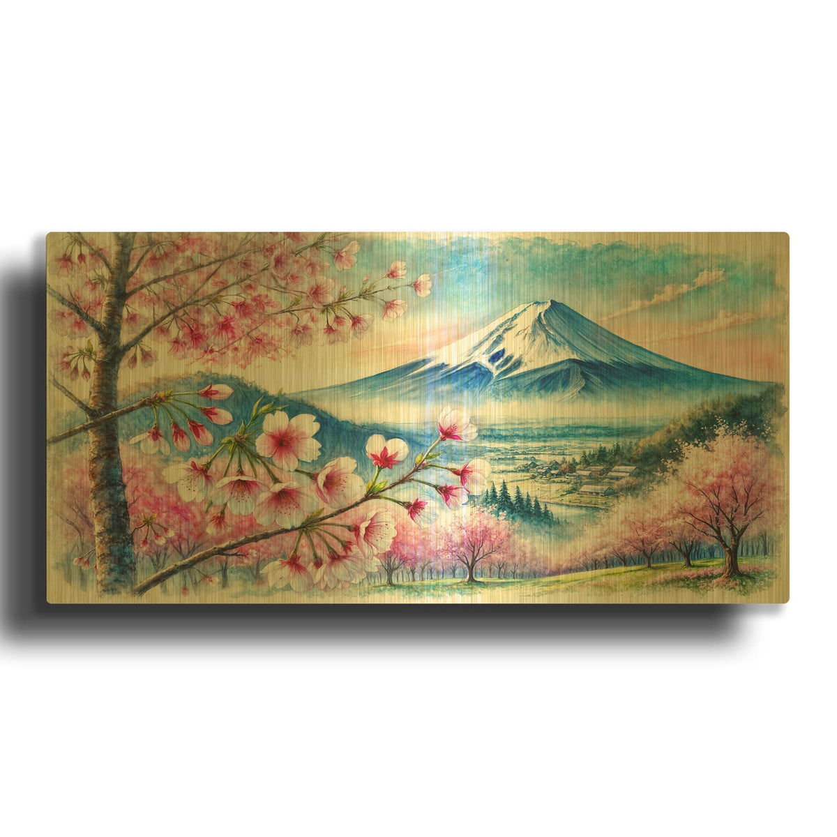 'Japan Country Scene Watercolor' By Rey Klimt Gold Metal Wall Art