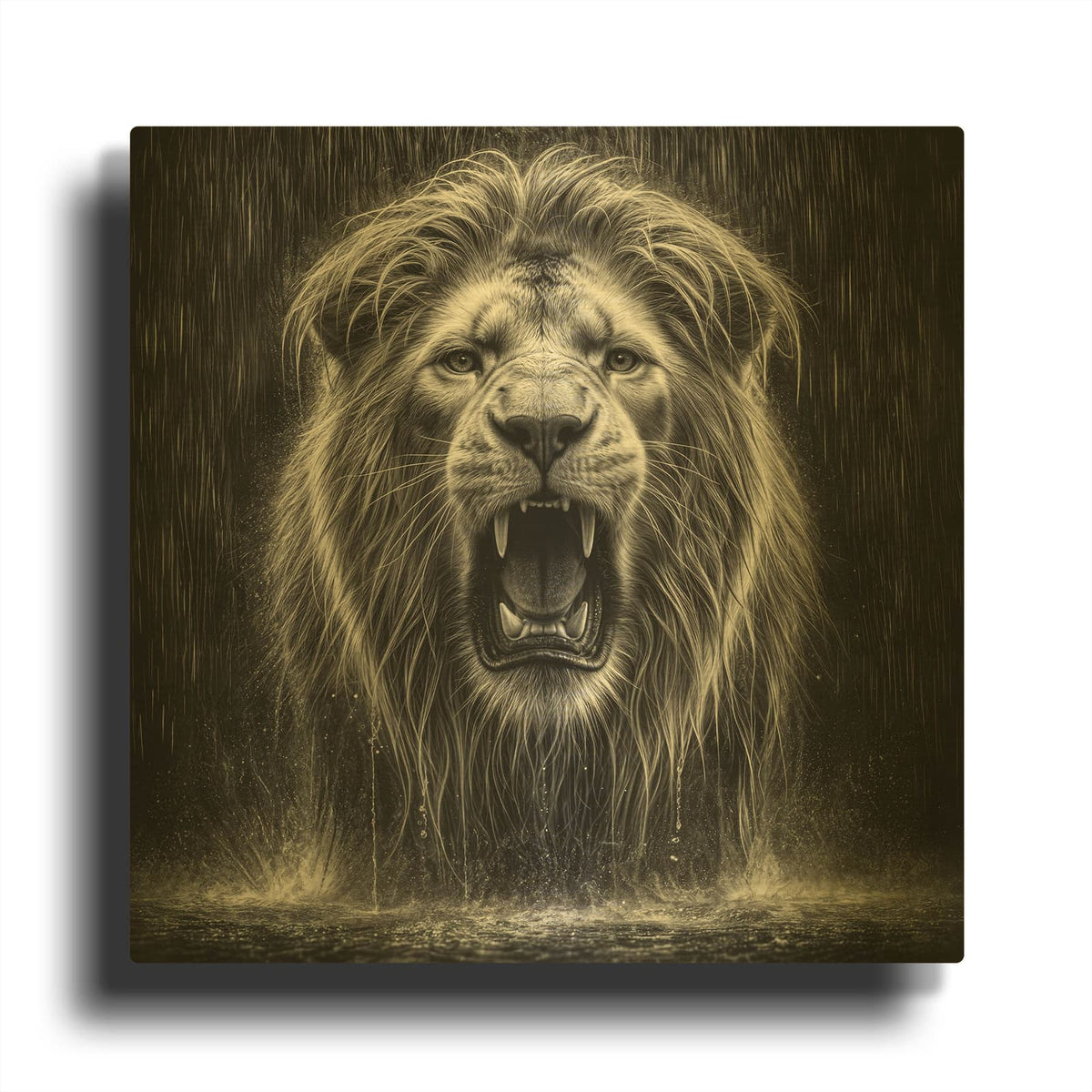 'Lion In Rain Drops' By Rey Klimt Gold Metal Wall Art