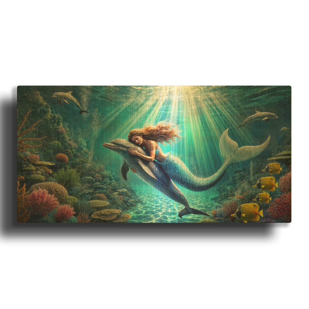 'Mermaid And Dolphin Underwater' By Rey Klimt Gold Metal Wall Art