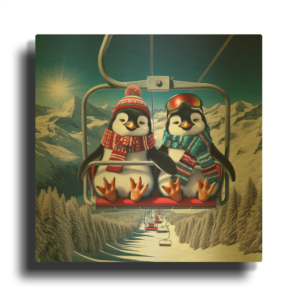 'Penguin Ski Friends' By Rey Klimt Gold Metal Wall Art