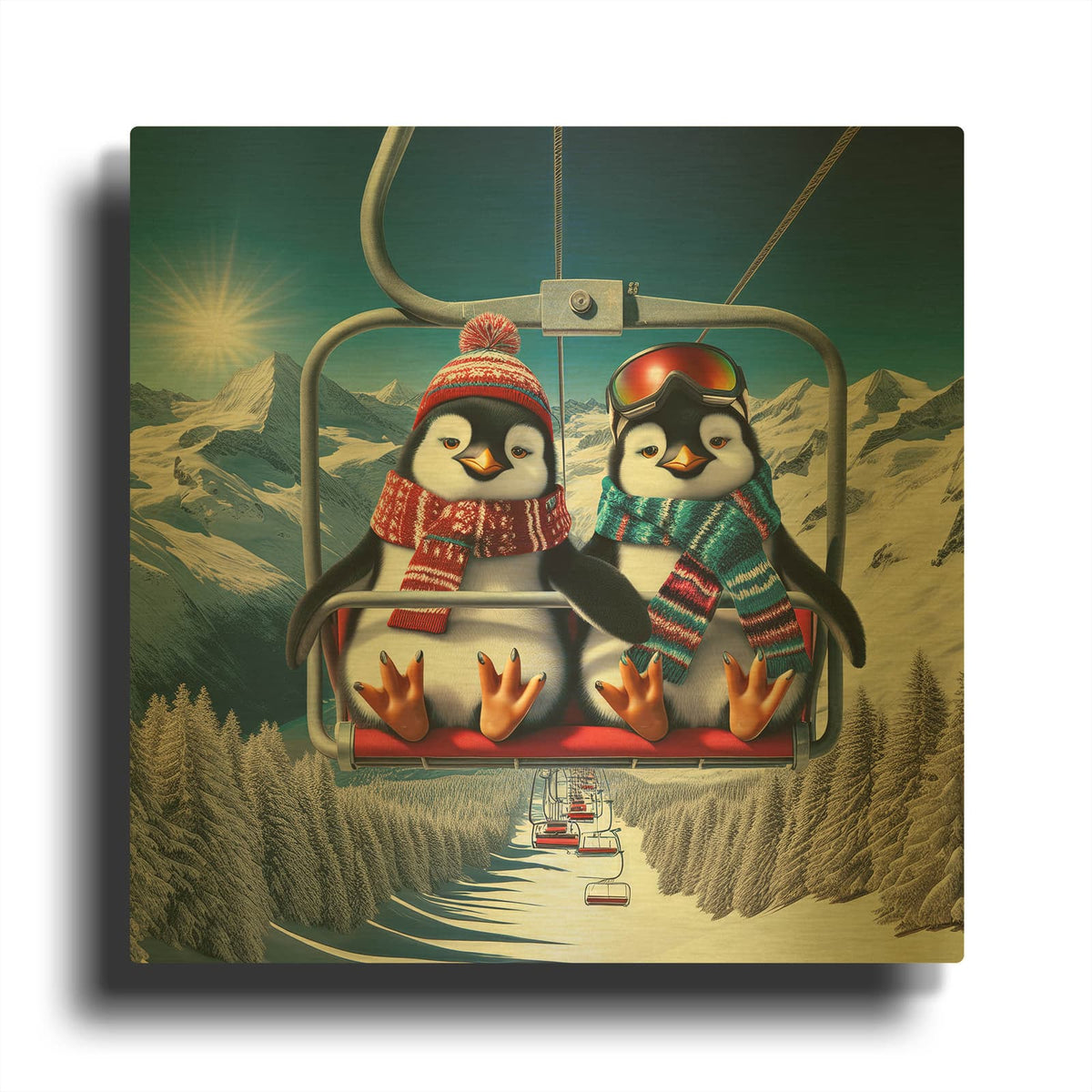 'Penguin Ski Friends' By Rey Klimt Gold Metal Wall Art