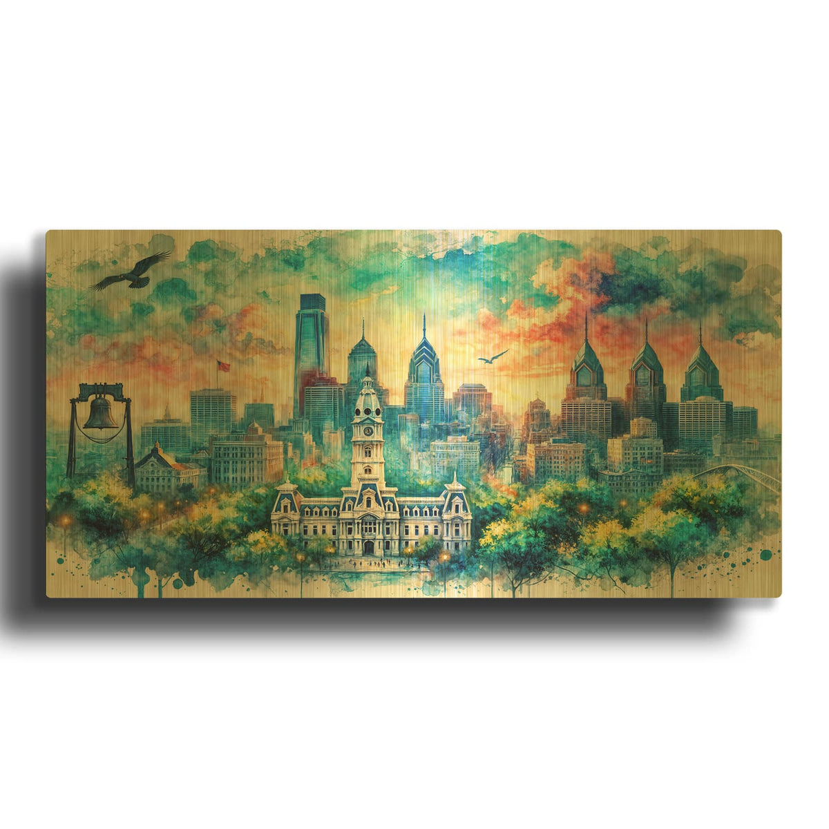 'Philadelphia Watercolor' By Rey Klimt Gold Metal Wall Art