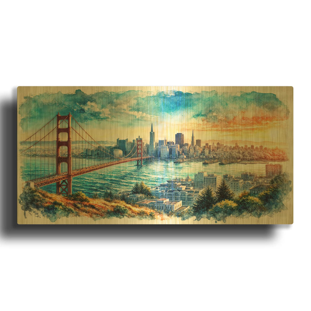 'San Francisco Watercolor' By Rey Klimt Gold Metal Wall Art