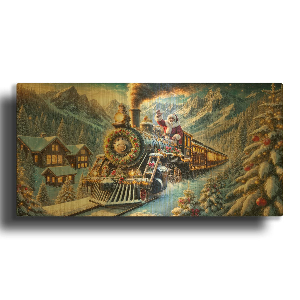 'Santa On Train' By Rey Klimt Gold Metal Wall Art
