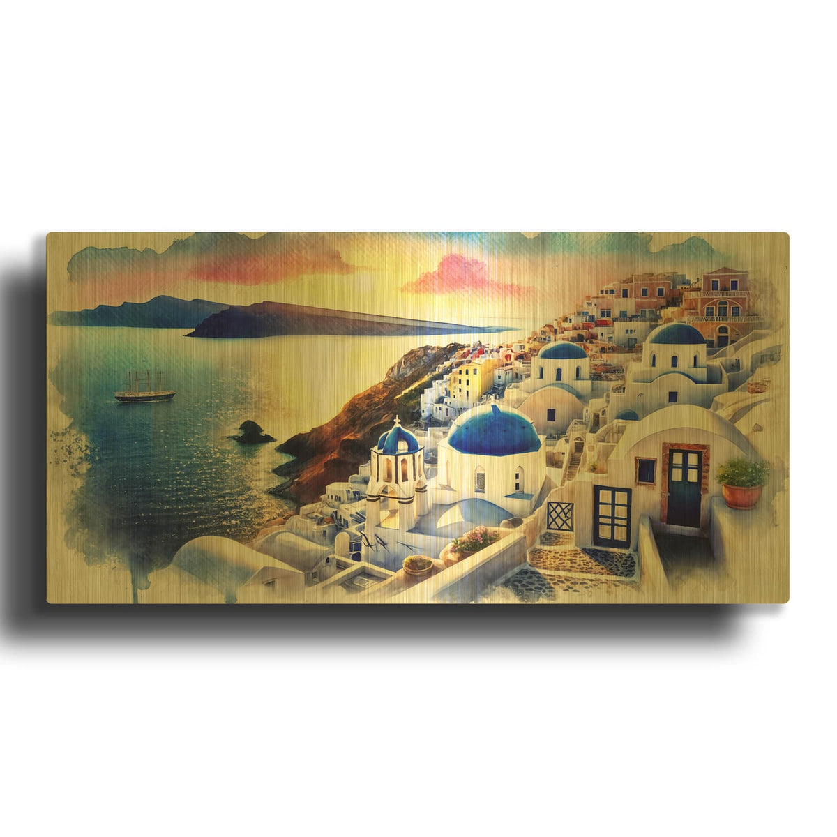 'Santorini Watercolor' By Rey Klimt Gold Metal Wall Art
