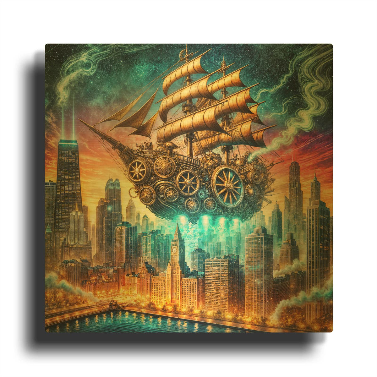 'Steam Punk Ship In Chicago' By Rey Klimt Gold Metal Wall Art
