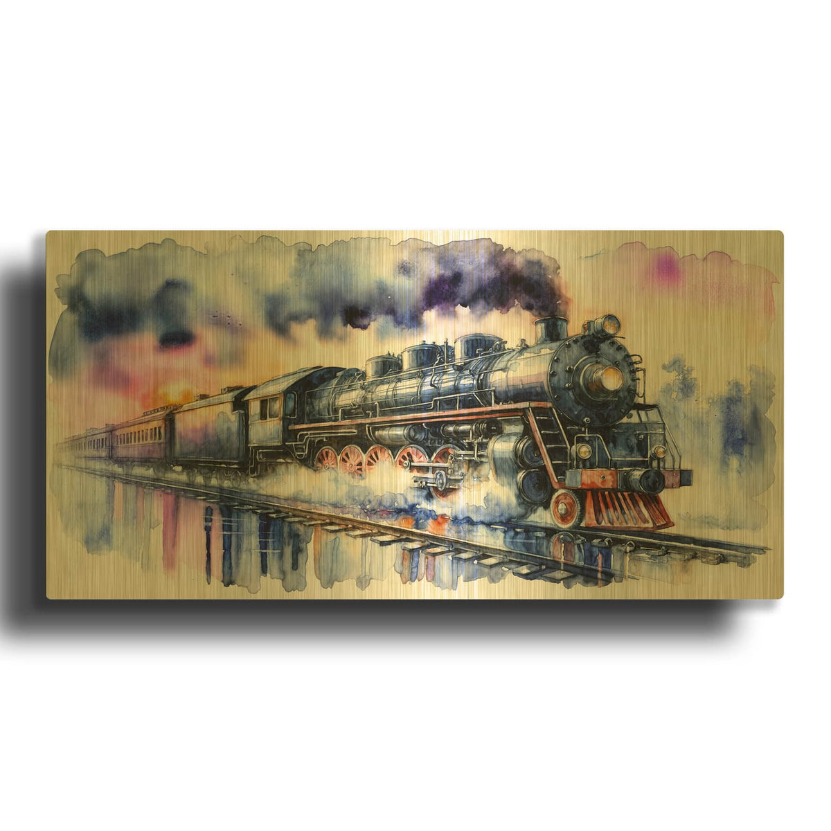 'Steam Train Watercolor' By Rey Klimt Gold Metal Wall Art