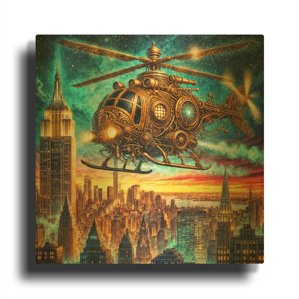 'Steampunk Helicopter Over New York' By Rey Klimt Gold Metal Wall Art