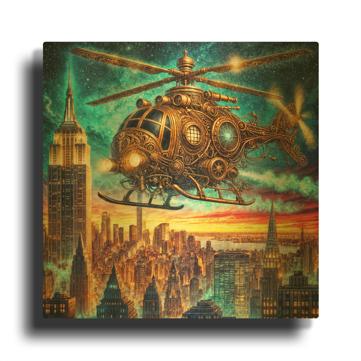 'Steampunk Helicopter Over New York' By Rey Klimt Gold Metal Wall Art