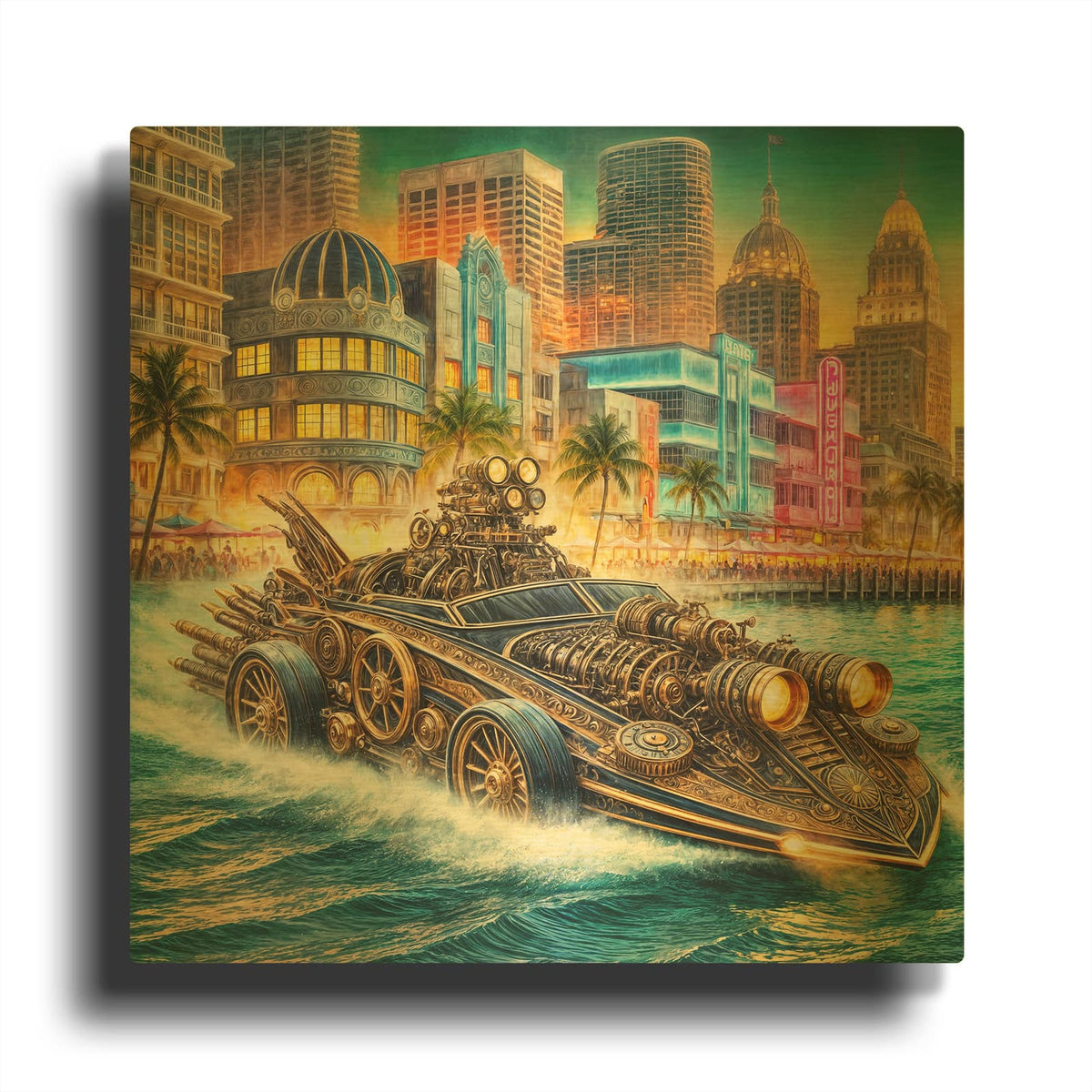 'Steampunk Speedboat In Miami' By Rey Klimt Gold Metal Wall Art