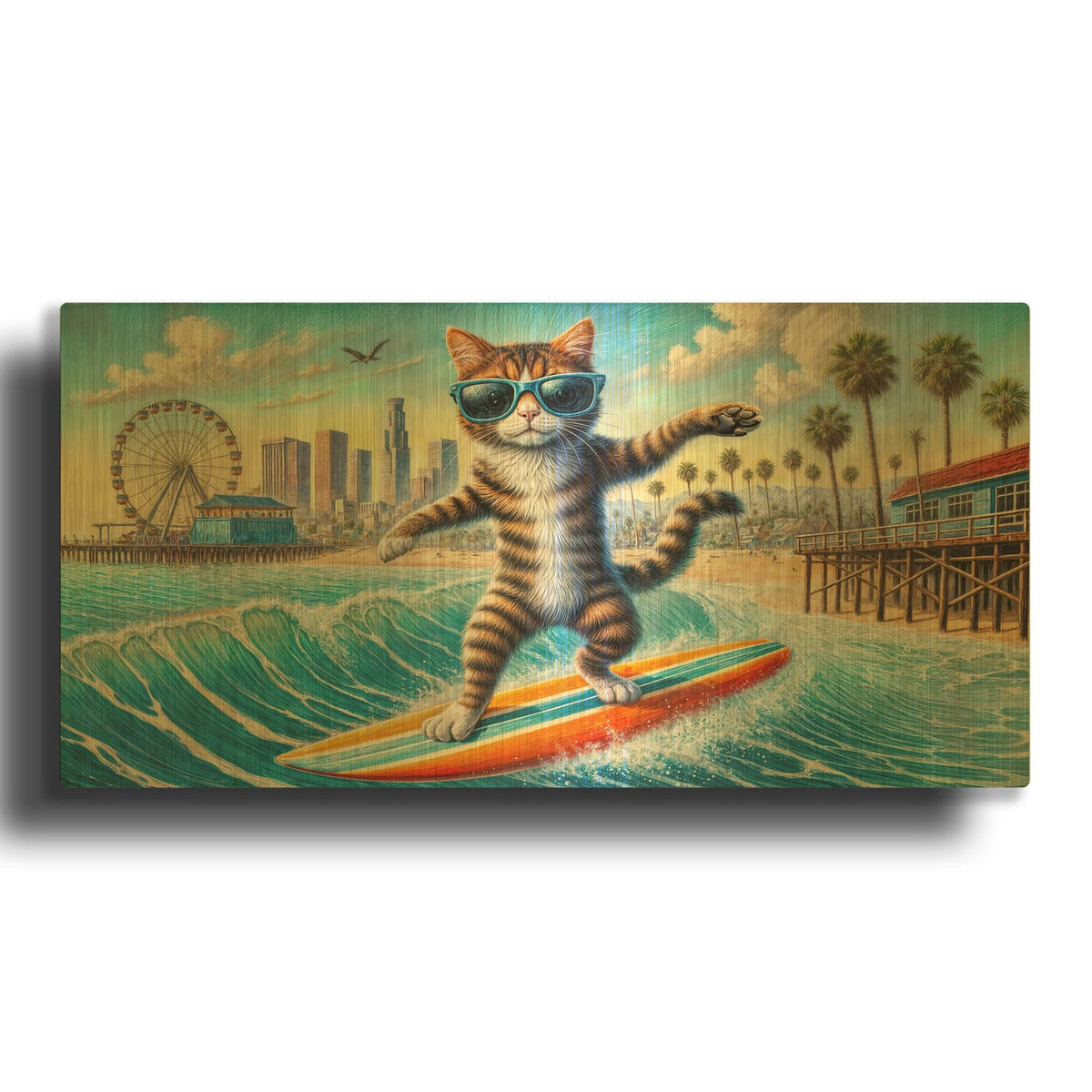 'Surfing Cat California' By Rey Klimt Gold Metal Wall Art