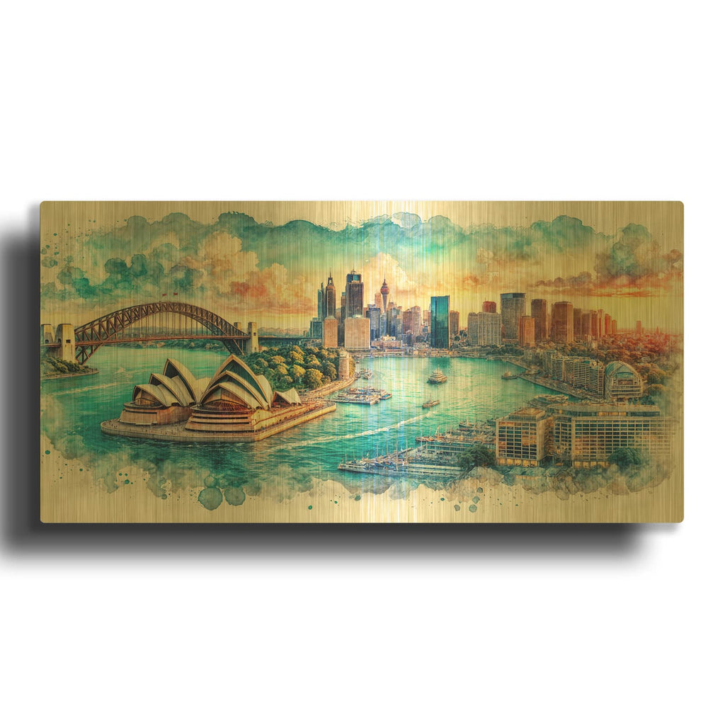 'Sydney Watercolor' By Rey Klimt Gold Metal Wall Art