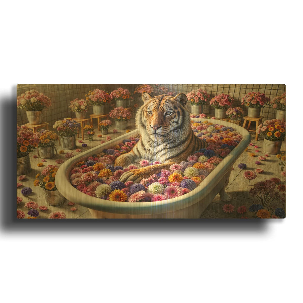 'Tiger In Flower Bath' By Rey Klimt Gold Metal Wall Art